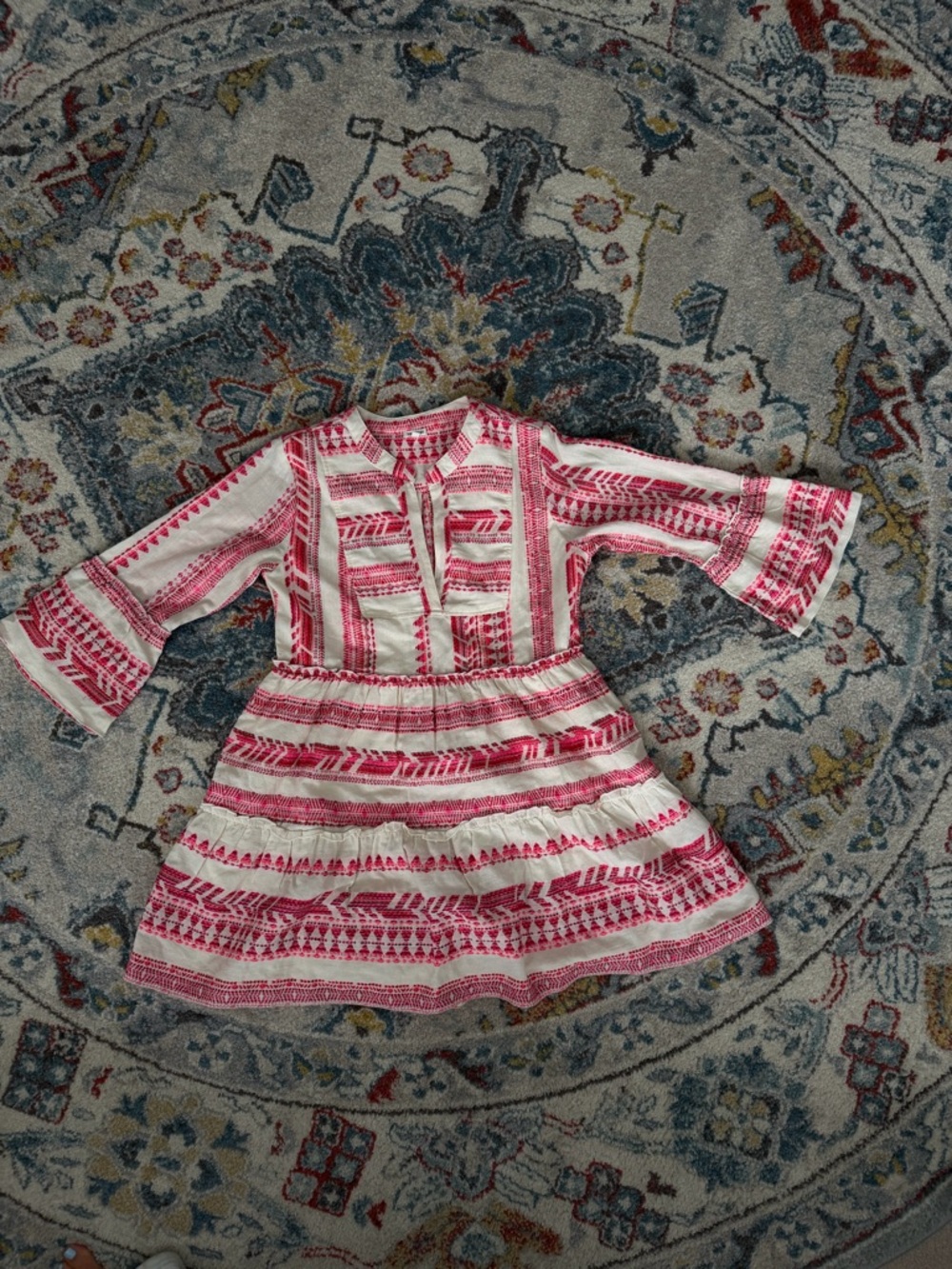 VICI pink and cream embroidered boho tiered mini dress